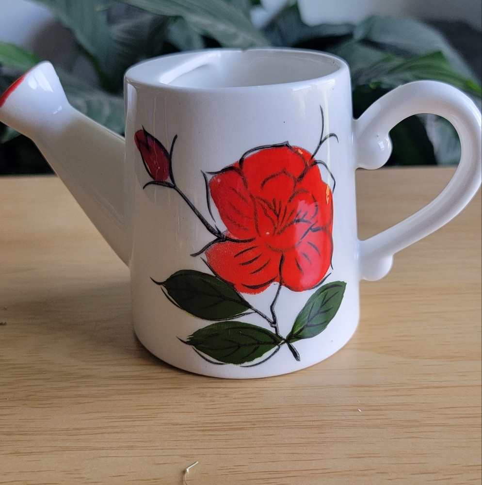 HANDCRAFTED Ceramic Mini White Watering Vase with Red Rose Design Signed Japan.